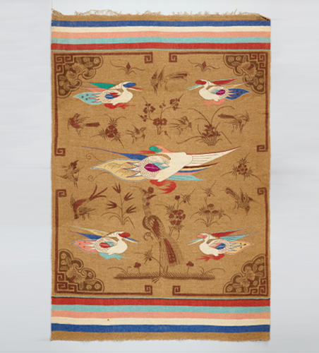 Carpet with Five Crane, Flower and Plant Design 19th Century